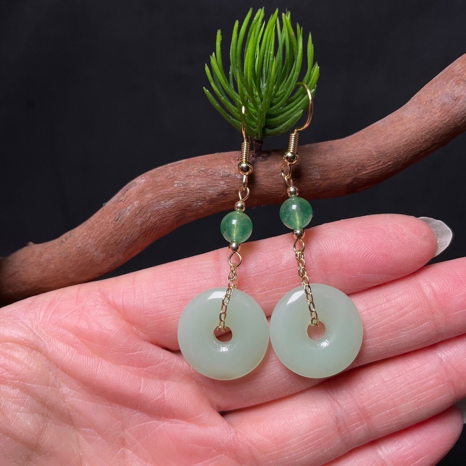 14K Gold Light Green Jade Round Harmony Dangle Earring for Woman Charm