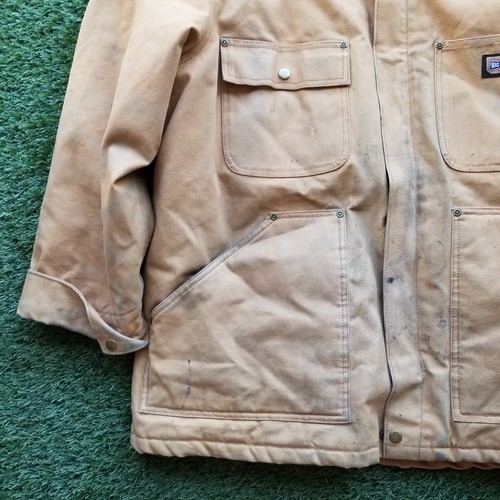 Big Smith Chore Jacket Khaki Canvas Corduory Collar STAINED PAINTED Sz XL Reg - Picture 2 of 14