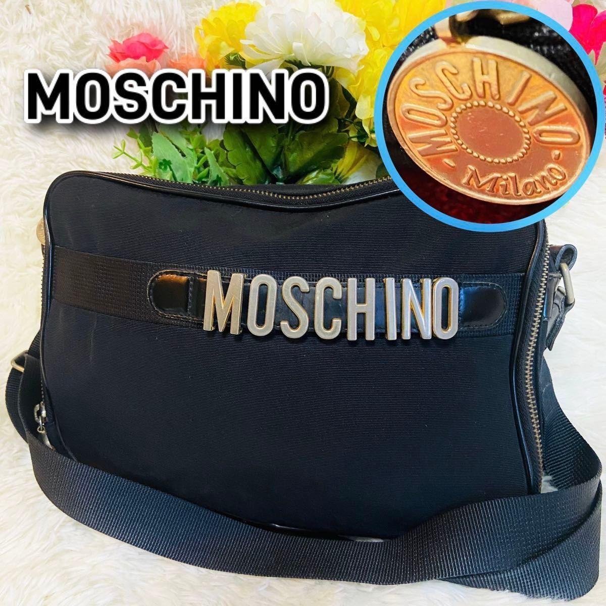 MOSCHINO Black Canvas Logos Crossbody Shoulder Bag USED Auth MOSCHINO Black Canvas Logos Crossbody Shoulder Bag USED Auth