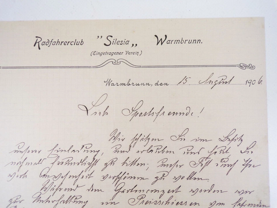 Dokument Radfahrer Verein Silesia Warmbrunn 1906 Schlesien Polen - Bild 2 von 2