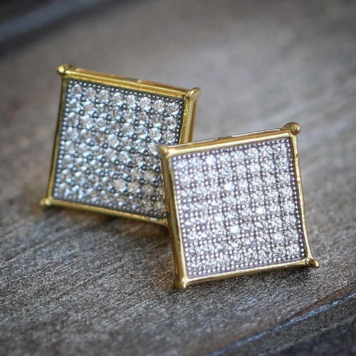 Large Micro Pave Mens Yellow Gold Plated Square Hip Hop Screw Back Stud Earrings - Picture 5 of 5