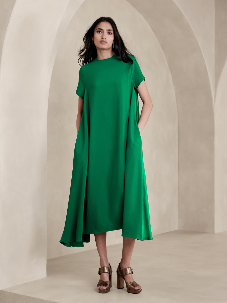 Banana Republic Aurelia Crepe & Satin Maxi Dress GREEN