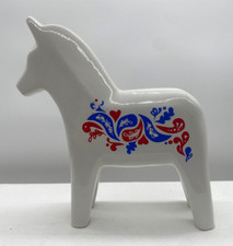 Vintage IKEA White Ceramic Dala Horse 1990s Blue Red Paisley Transfer Sweden