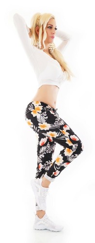Damen JogPants Hose Baggy Boyfriend Freizeithose Dschungel Blumen Schwarz 36/38 - Bild 3 von 7