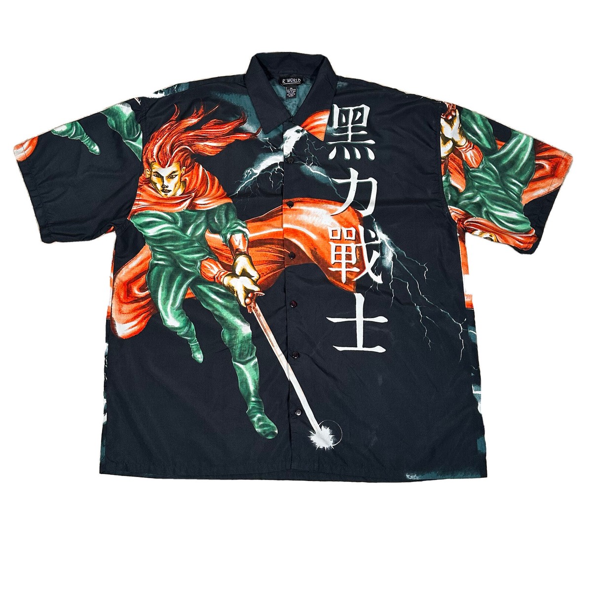 Vintage R WORLD Japanese Samurai Anime AOP All Over Graphic Button