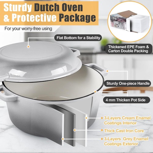 Grey Enameled Cast Iron Dutch Oven Bread Baking 5Qt 2-In-1 Pot Lid Set Skillet - Picture 3 of 7
