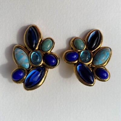 Boucles D'Oreilles Clips Taratata - Ton Or Et Bleu, Occasion, Signées, Perles Fantaisie