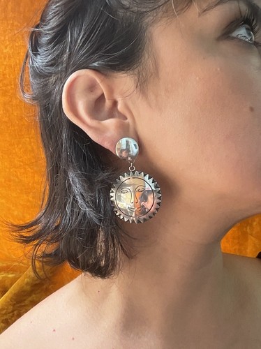 Vintage Funky Hippie 90’s Sterling Happy Sun Face Dangle Earrings - Picture 2 of 4