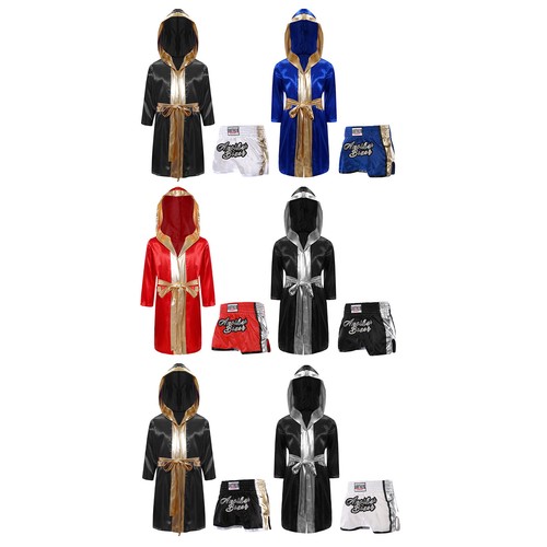 Boys Girls Boxing Costume Shiny Satin Belted Robe Hooded Cloak with Shorts Set - Picture 4 of 31