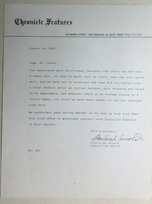 CHRONICLE FEATURES 1985 rejection letter sent to comic fanzine artist Jim Jones