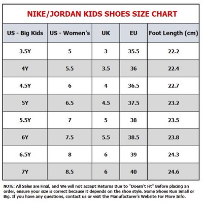 size chart for air jordan 1
