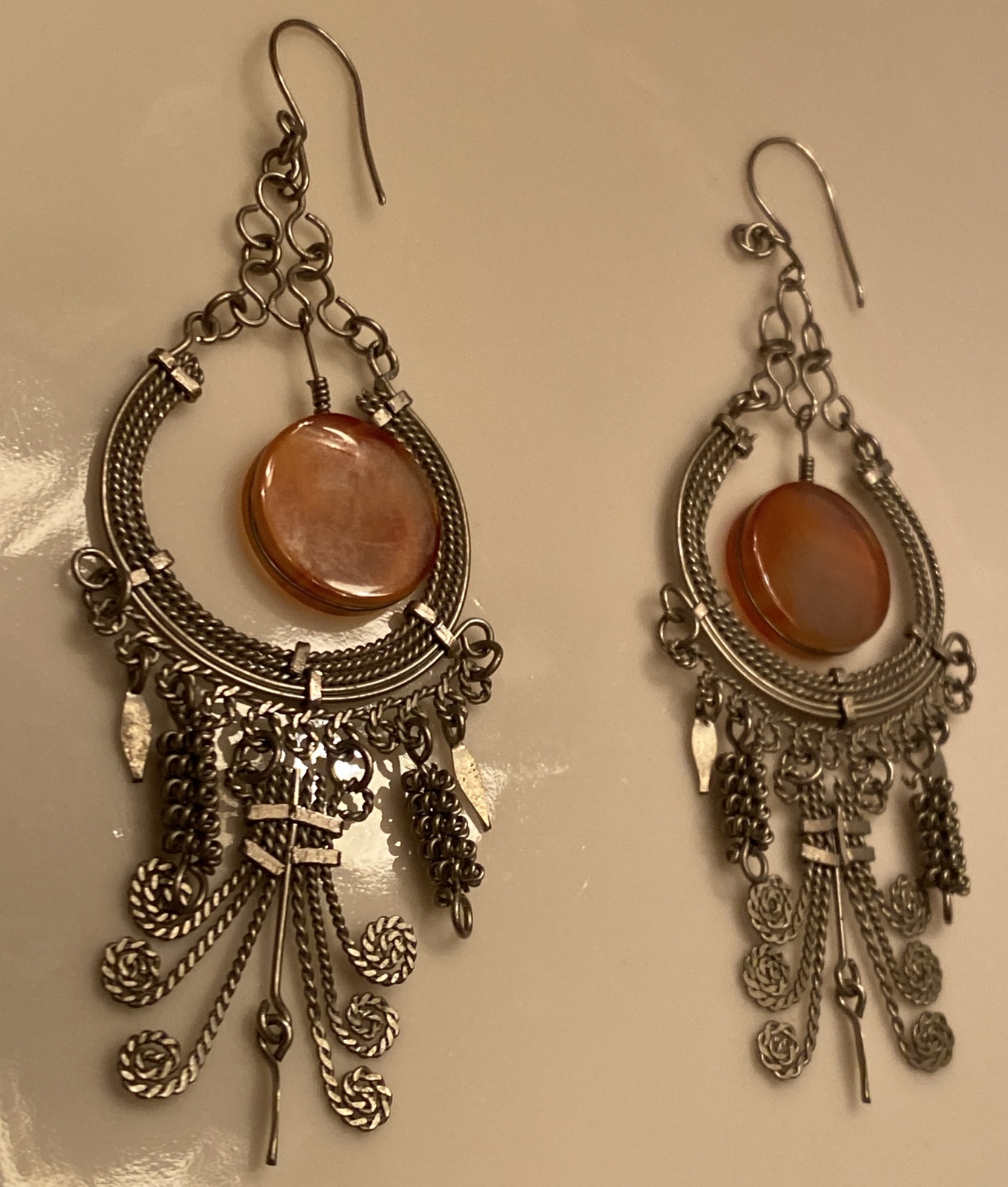 Dangle Earring Amber Gem Stone Silver Chainmail S… - image 2
