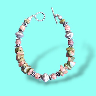 Sterlingsilber rosa und grün Unakit Armband 7,5 Zoll Knebelverschluss