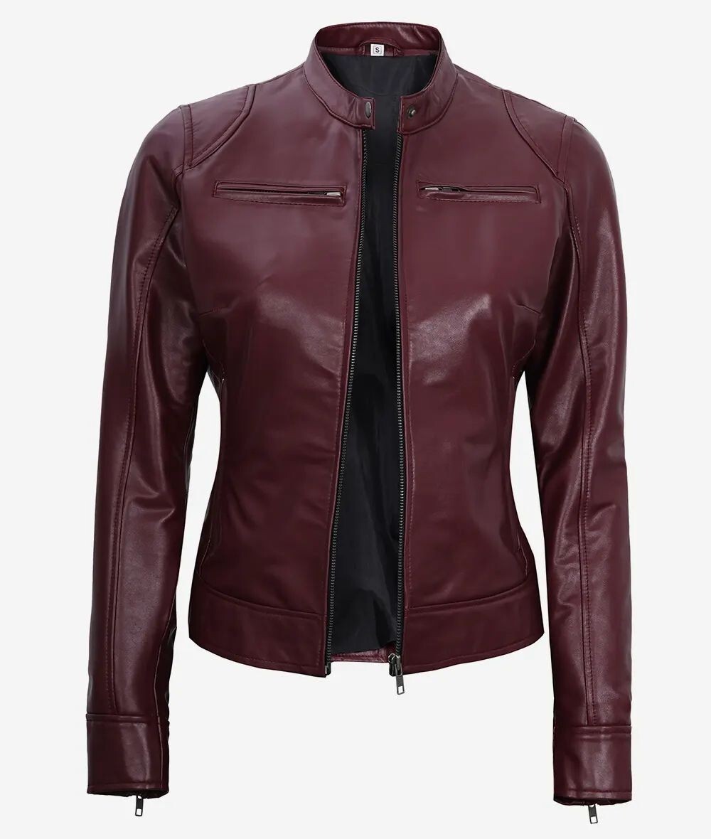 Women's Designer New Slim Fit Moto Biker Genuine Sheepskin Maroon Leather Jacket