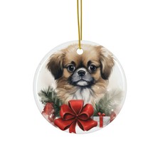 Hanging Ceramic Christmas Tree Ornament - Tibetan Spaniel Puppy Drawing Design
