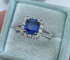 3Ct Emerald Cut Natural Blue Sapphire Halo Engagement Ring 925 Sterling Silver