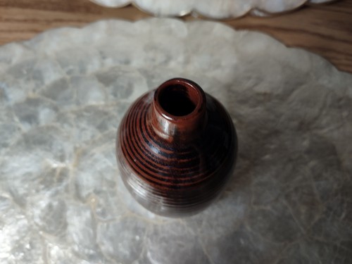 Japan Topiary Grenade Vase Ceramic Pottery Stub Sake Brown Black Tree Ring 5.5" - Picture 2 of 9
