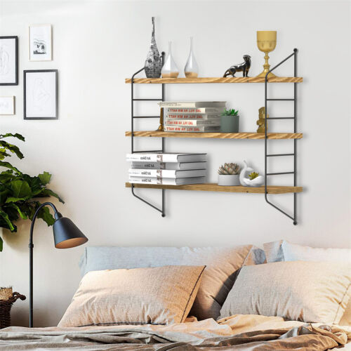 3 Tier Shelf Wall Hanging Shelves Metal Frame Wooden Shelves Decor Natural Wood - Picture 5 of 12