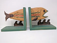 Vintage rustic and whimsical wood and metal fish bookends - 1970's???