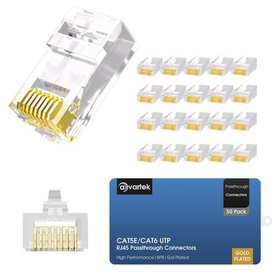 AVARTEK RJ45 Cat5/Cat5E Durchgangsstecker 50er-Pack, Ethernet mehrfarbig
