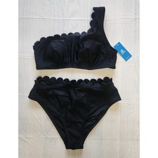 CUPSHE Women's sz Medium bikini set one shoulder scalloped wide strap hook black