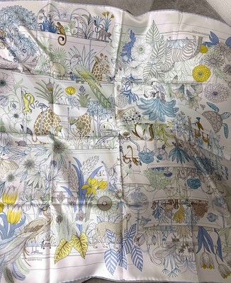 Hermes Scarf Stole Precious Paradise Floral White Aqua Silk Auth