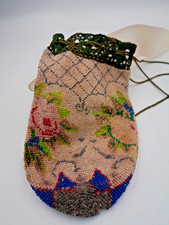 Antique Micro Beaded Drawstring Purse Vivid Blue Accents, Brown Crochet