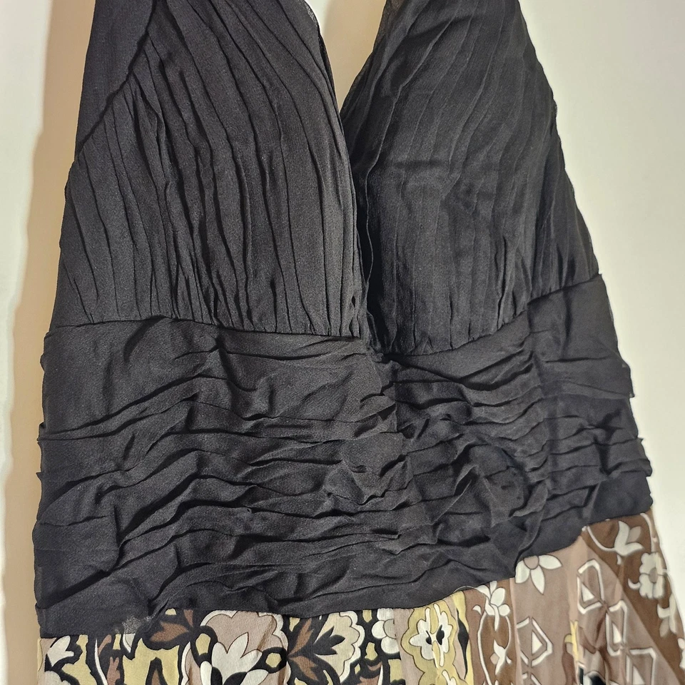 Vestido Sangría Mujer 8 Negro Marrón Seda Halter Pañuelo Dobladillo Cóctel Acanalado Foto 4 de 4