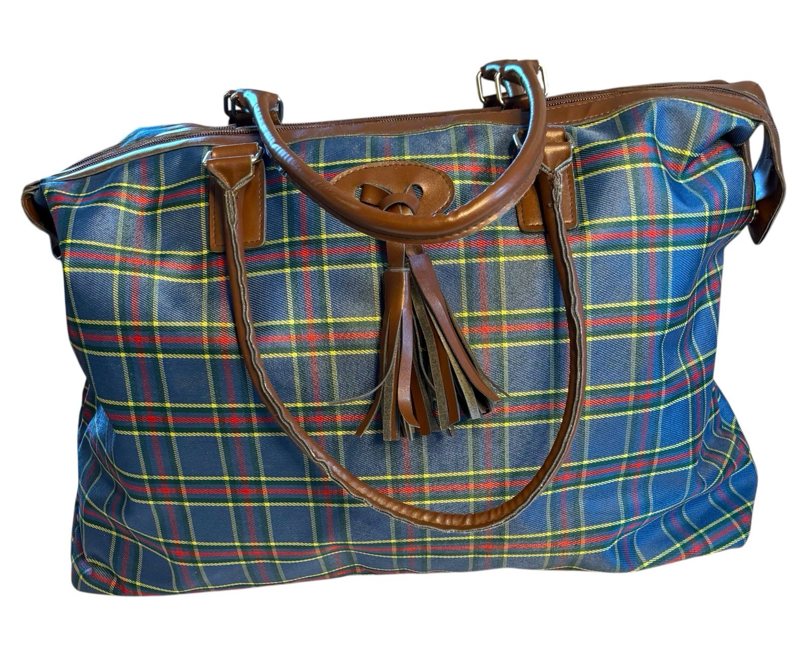 Weekend Duffel Bag Blue, Yellow, Red Plaid Full Zip/Snap Clo