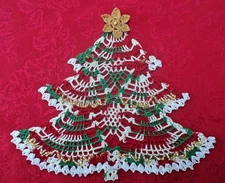 New Crochet Green/White/Red/Gold Christmas Tree Doily Placemat..10inch x 10inch