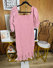 Shein Pink Solid Smocked Bodycon Dress Square Neck Puff 3/4 Sleeve XL