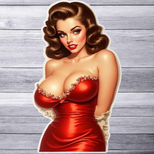 Pinup girl sticker vinyl decal red dress glamour retro style sultry brunette