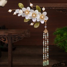 Chinese Style Hanfu Headpiece Floral Tassel Side Hair Clip Glass Petal Accessory