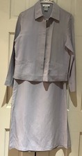 Conjunto de chaqueta, falda, pantalón gris claro de 3 piezas de mezcla de seda/lino clásico para damas Gett