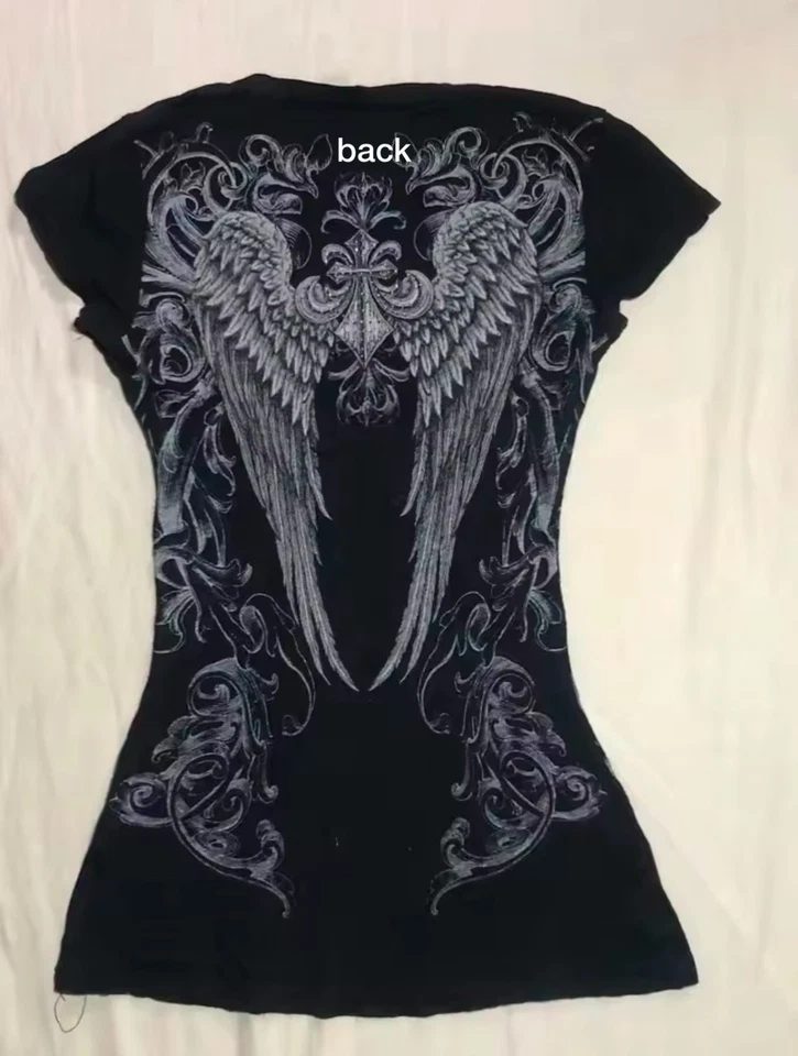 Y2K Affliction Angel Emo Black Punk Fitted Top Goth Girls Women - Imagem 3 de 3