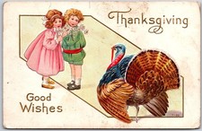 Thanksgiving Good Wishes, Embossed Turkey & Children Holding Flowers, Postcard