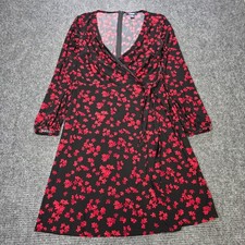 Chaps Floral Faux Wrap Dress Women's Size S Black Red Long Sleeve Knee Length