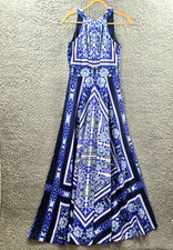 Womans Maxi A-line Dress Size 10 Blue White Green Paisley Sleeveless Halter Neck