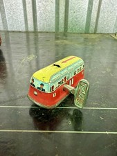 Vintage Trolley Bus Western Germany Tin Metal Wind Up Toy red and yellow w/ key