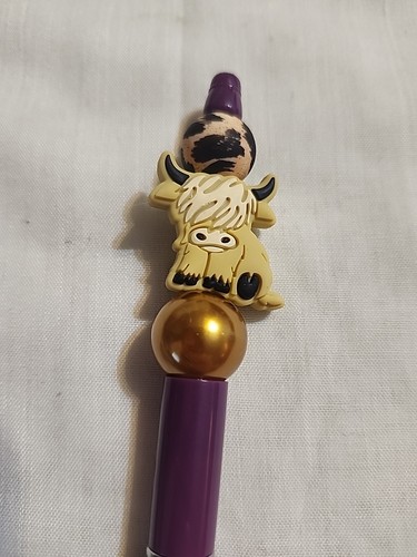 Bead Pen Highland Cow Deep Purple Pen Gold Animal Print Beads Handmade - Picture 3 of 3