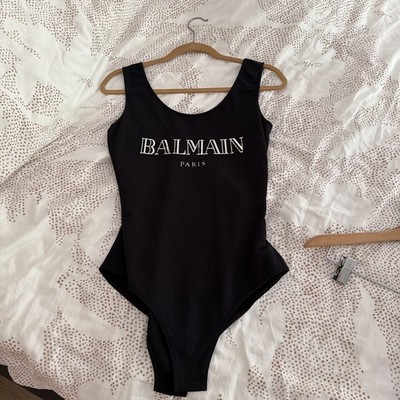 Balmain Bodysuit Black Sleeveless ￼Stretch Silver Metallic Logo New Size 40