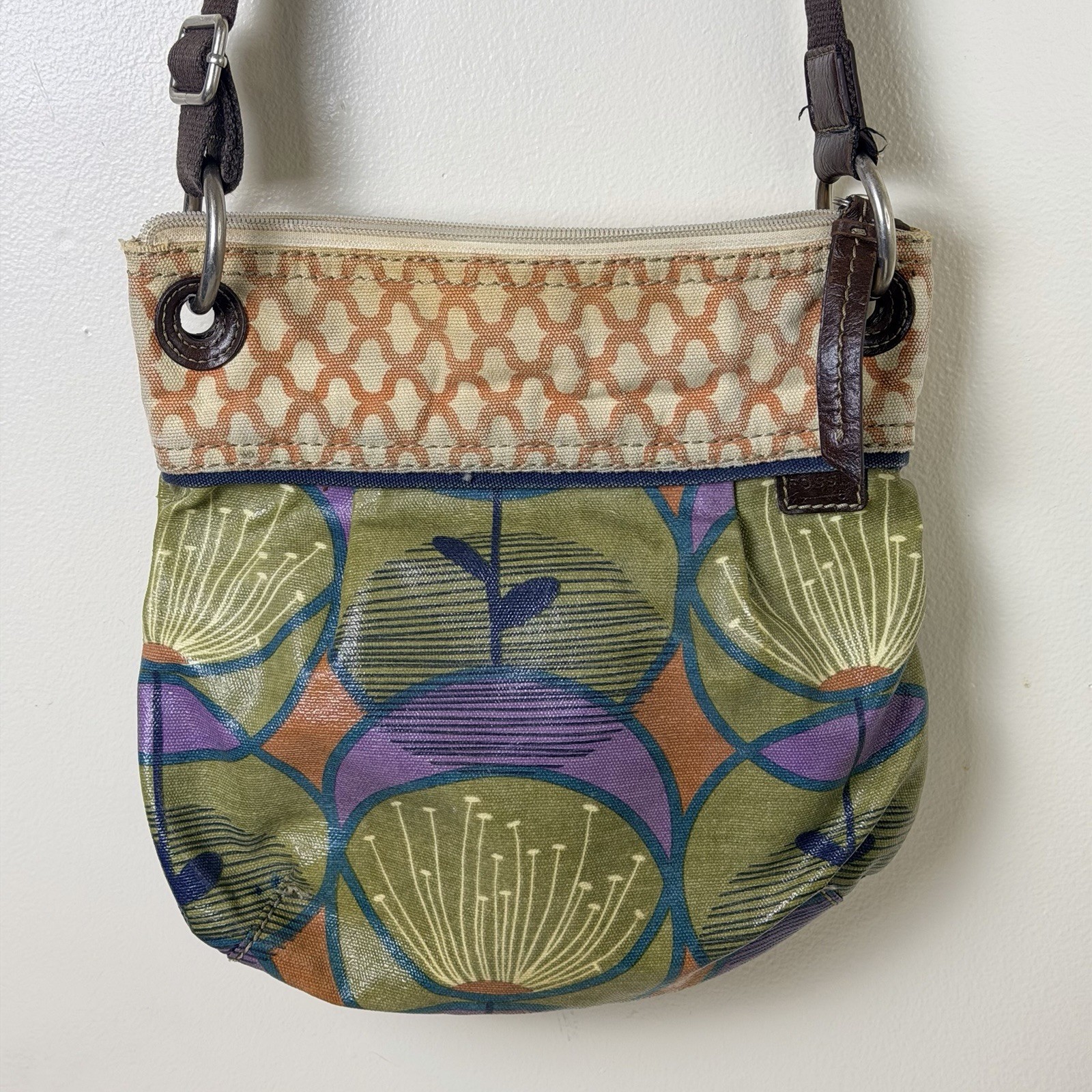 Vintage Fossil Key-Per Floral Crossbody Bag Purse Adjustable Strap