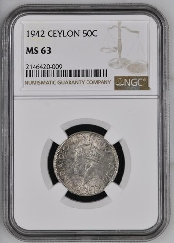 1942 CEYLON Silver 50 CENTS NGC MS-63