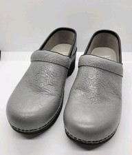 Dansko LT Pro Gray Floral Tooled Slip On Textured Clogs Size 36 Leather Upper