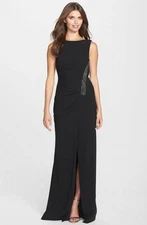 Halston Heritage Embellished Drape Back Crepe Gown Sz 6 Black