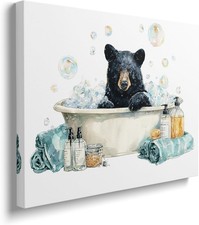 Bear Bathroom Canvas Wall Art Funny Animal Black Bear in Bathtub Pictures Painti