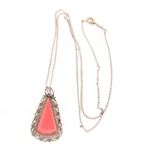 Red Coral and Sterling Necklace 18 inch Chain Made in Mexico Crown Mark