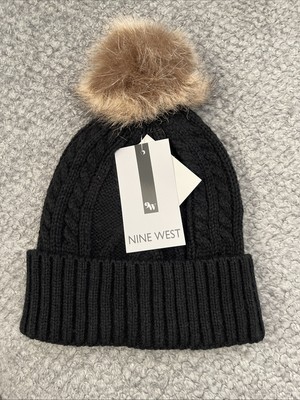 Nine West Black Cable Knit Beanie Cuff Hat with Brown Pom
