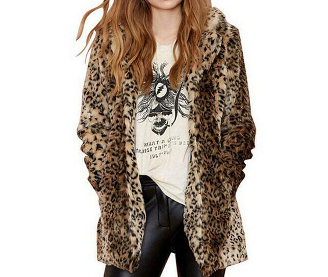 Chic Womens Faux Fur Leopard Warm Snow Coat Jacket MId Long