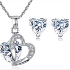 925 Sterling Silver clear  Heart  Pendant Necklace Ear stud Gift set,Jewelry set